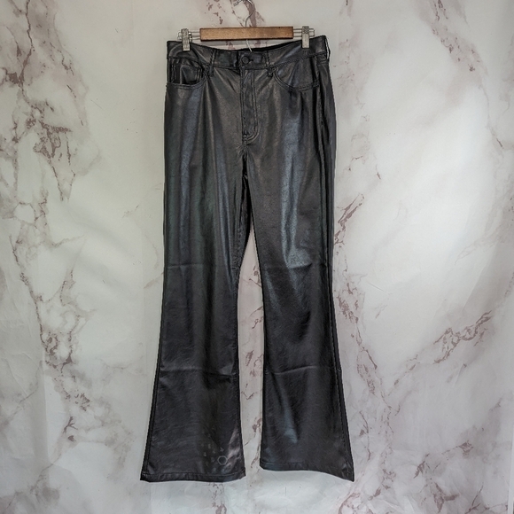 Gap Pants Women 10 30 R Black Faux Vegan Leather High Rise 70s Flare Bell Bottom - Picture 2 of 15